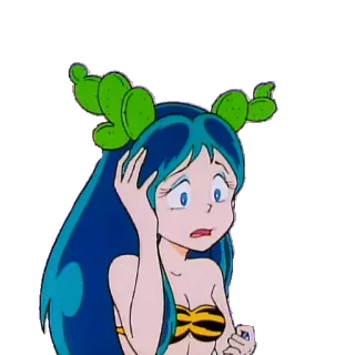 🌵 Lum Invader Urusei Yatsura anime, cartoon, alien, girl, blue hair, cactus, retro, worried telegram sticker