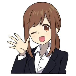 😉 аниме девушка, машет рукой, мультфильм, счастливый, деловой костюм telegram sticker