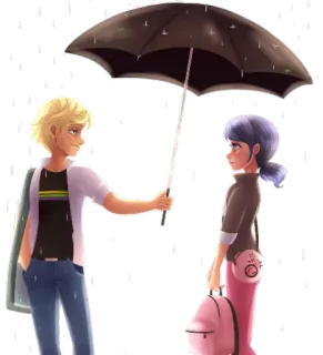 ☔️ Adrien Agreste; Marinette Dupain-Cheng Miraculous: Tales of Ladybug & Cat Noir мультфильм, зонт, дождь, божья коровка, Кот Нуар, Леди Баг и Супер-Кот, мультипликация telegram sticker