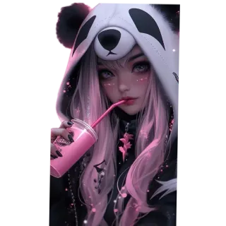 👍 chica, panda, sudadera con capucha, anime, lindo, rosa, bebida whatsapp sticker