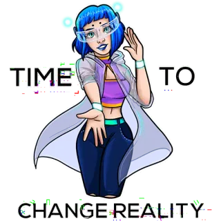 😮 TIME TO CHANGE REALITY женщина, будущее, время, реальность, синие волосы, виртуальная реальность, технологии telegram sticker