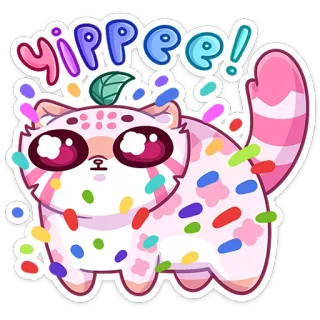 🥳 YIPPEE! kot, uroczy, posypka, jupi, kreskówka, kawaii, zwierzę, naklejka whatsapp sticker