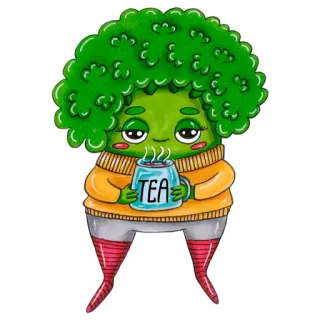 😌 TEA 음식, 브로콜리, 차, 만화, 귀여운, 음료, 식물 telegram sticker
