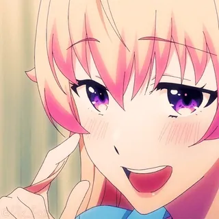 😅 garota anime, fofa, personagem anime, cabelo rosa, olhos roxos, rubor telegram sticker