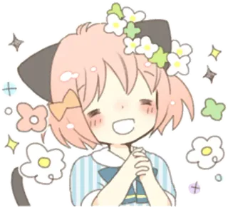 😁 garota anime, orelhas de gato, kawaii, flores, fofo, ilustração, chibi telegram sticker