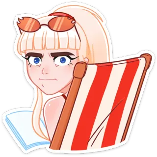 😒 pegatina, dibujos animados, mujer, playa, gafas de sol, silla, leyendo telegram sticker