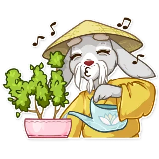 👋 coelho, jardinagem, rega, bonsai, chapéu asiático, fofo, desenho animado telegram sticker
