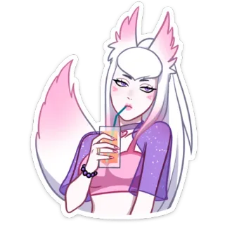🧃 fille, boisson, renard, dessin animé, autocollant, femme whatsapp sticker