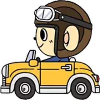 🚘 Dibujo animado, Coche, Conducción, Coche amarillo, Casco, Personaje de dibujos animados telegram sticker