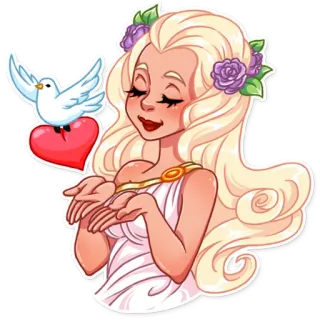 🕊 dibujos animados, mujer, vestido, paloma, corazón, flores whatsapp sticker