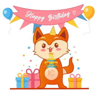 🥳 Happy Birthday วันเกิด, สุนัขจิ้งจอก, การ์ตูน, งานฉลอง, สัตว์, ปาร์ตี้ telegram sticker