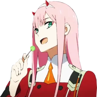 🍓 Zero Two Darling in the Franxx anime, girl, pink hair, Zero Two, lollipop, horns telegram sticker