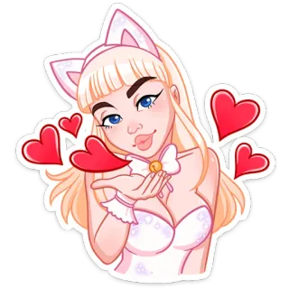 😘 стикер, женщина, сердце, кошачьи ушки, поцелуй, мультфильм whatsapp sticker