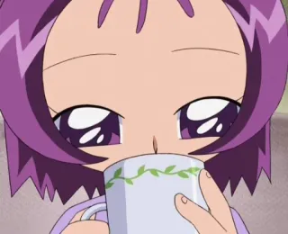 ☕️ аниме, мультфильм, пьет, чай, кофе, фиолетовые волосы telegram sticker
