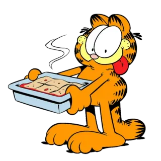 😋 Garfield cat, lasagna, cartoon, food, orange whatsapp sticker