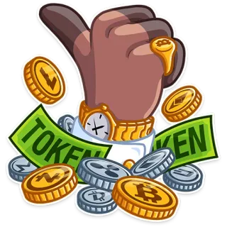 👍 TOKEN криптовалюта, деньги, большой палец вверх, золото, монеты telegram sticker