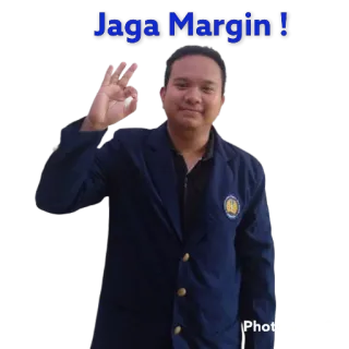 👻 Jaga Margin ! mężczyzna, znak OK, kurtka, uśmiechnięty, Indonezyjski telegram sticker