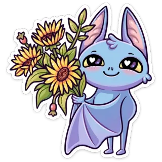 🌼 Fledermaus, Sonnenblumen, niedlich, Cartoon, Tier, Blumen telegram sticker