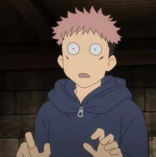🎱 Yuji Itadori Jujutsu Kaisen anime, ketakutan, rambut pink, hoodie, terkejut telegram sticker