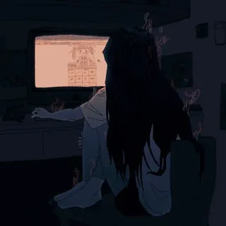 🖤 Anime, Ragazza, Computer, Notte, Camera da letto, Arte digitale telegram sticker