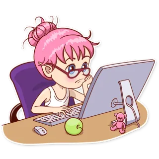 💻 desenho animado, menina, computador, escrivaninha, maçã, ursinho de pelúcia telegram sticker