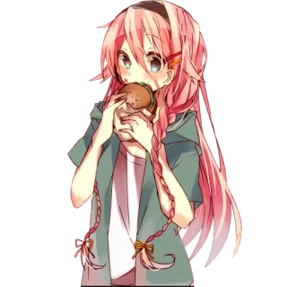 🍔 アニメ, 女の子, 食べる, 食べ物, バーガー, ピンク髪, 可愛い telegram sticker