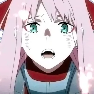 😧 Zero Two Darling in the Franxx anime, pink hair, sad, crying, Zero Two telegram sticker