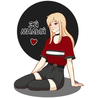 😊 Эй милый gadis anime, kaos merah, rambut pirang, imut, duduk, hati, latar belakang hitam whatsapp sticker