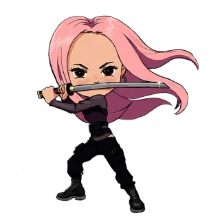 👩‍🎤 mulher, katana, espada, arma, luta, cabelo rosa, chibi, anime whatsapp sticker