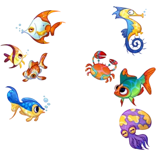 🐠 Fisch, Krabbe, Oktopus, Seepferdchen, Meeresleben, Meerestiere, Cartoon, Tiere, Wasserwelt whatsapp sticker