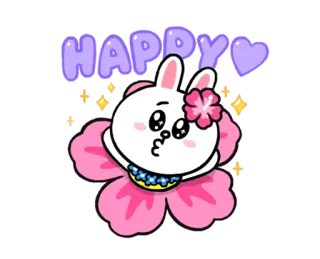 😙 HAPPY joyeux, lapin, fleur, mignon, kawaii, autocollant, dessin animé telegram sticker