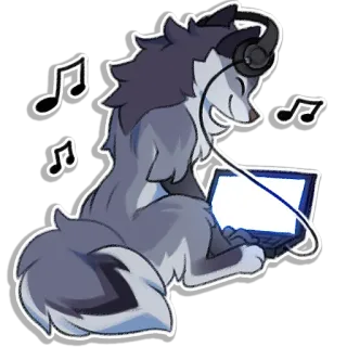 🎧 wolf, headphones, music, laptop, computer, cartoon telegram sticker