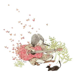 🎸 fille, guitare, chat, musique, fleurs, dessin whatsapp sticker