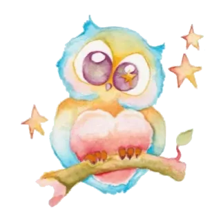 🦉 นกฮูก, นก, ดาว, น่ารัก, สีน้ำ, สัตว์, กิ่งไม้ telegram sticker