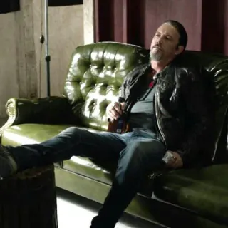 😔 man, couch, beer, leather jacket, relaxing telegram sticker