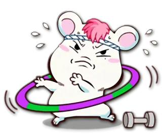 💪 ratón, ejercicio, dibujos animados, hula hoop, mancuerna, fitness, mono, sudando whatsapp sticker