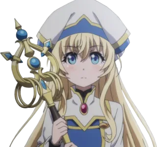 😶 anime, girl, staff, blonde hair, blue eyes, priestess, cleric, fantasy telegram sticker
