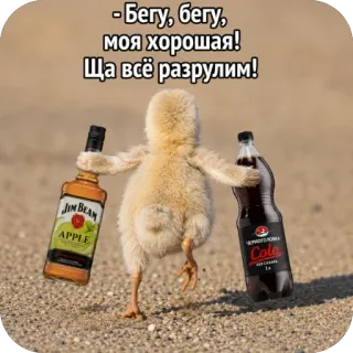 🫥 - Бегу, бегу, моя хорошая! Ща всё разрулим! chick, whiskey, cola, alcohol, funny, running, bird telegram sticker