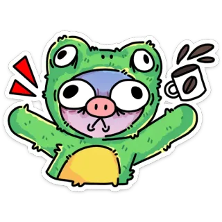 😳 青蛙, 卡通, 搞笑, 咖啡, 动物, 贴纸, 可爱, 绿色 telegram sticker