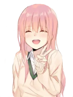 ✌️ garota anime, cabelo rosa, sorriso, sinal de paz, fofa, desenho animado, alegre, feliz telegram sticker