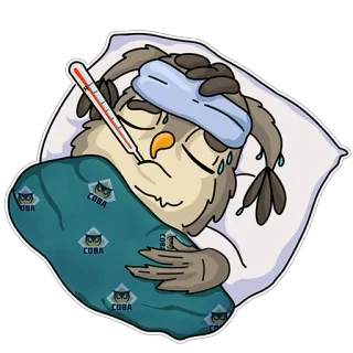 🤒 COBA owl, sick, thermometer, headache, illness, flu whatsapp sticker