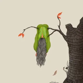 😒 гном, дерево, кролик, природа, фэнтези, причудливый, иллюстрация telegram sticker