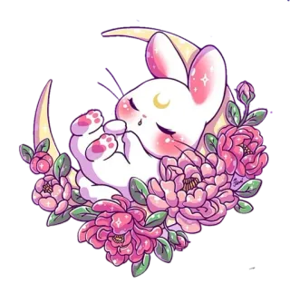 🌙 кролик, луна, цветы, розовый, милый, каваи, зайчик, цветочный telegram sticker