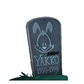 ⚰️ Yakko Animaniacs DIGE44
YAKKO
1930-1998 Dibujo animado, Lápida, RIP, Fan art, Warner Bros, Muerte, Personaje telegram sticker