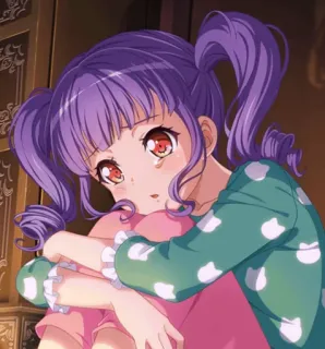 😢 anime, girl, crying, purple hair, red eyes, pajamas telegram sticker