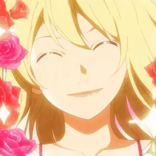 💛 Kaori Miyazono Your Lie in April anime, meisje, blond haar, glimlachend, bloemen, blij telegram sticker