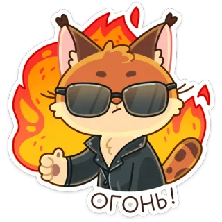 😎 Огонь! Luchs, Katze, Tier, Cartoon, Feuer, Cool, Jacke, Sonnenbrille whatsapp sticker