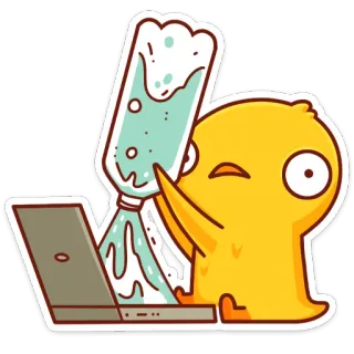 😐 pássaro, laptop, desenho animado, fofo, adesivo, amarelo, pato whatsapp sticker