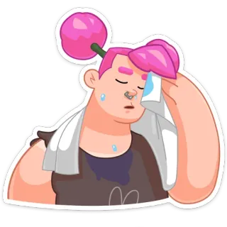 😰 流汗, 疲惫, 精疲力尽, 毛巾, 粉色头发, 卡通, 贴纸 telegram sticker