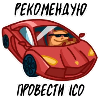 😎 РЕКОМЕНДУЮ ПРОВЕСТИ ІСО red car, dog, sunglasses, ICO, crypto, recommendation telegram sticker